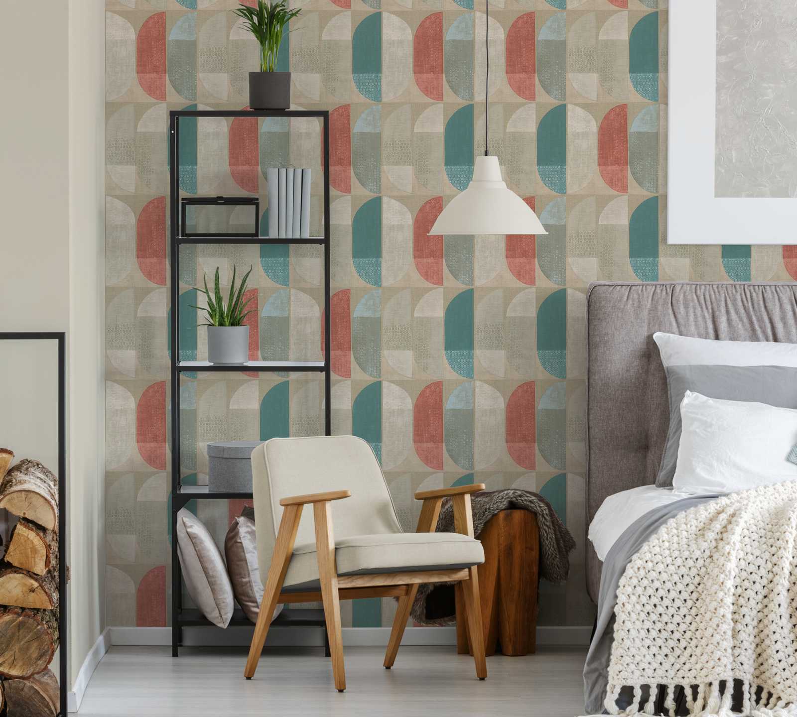             Tapete geometrisches Retro-Muster, Scandinavian Style - Beige, Rot, Blau
        