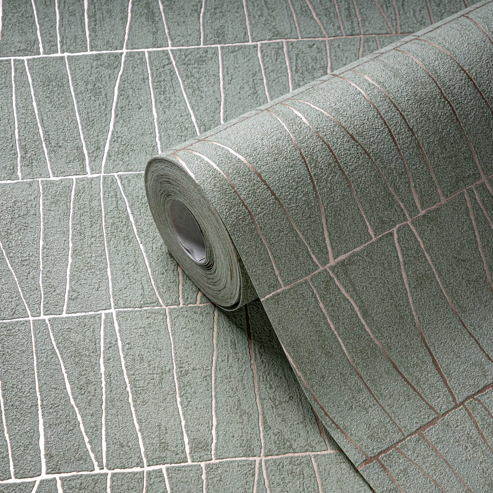             Bemusterte Tapete mit geometischem Mosaik– Grün, Gold
        