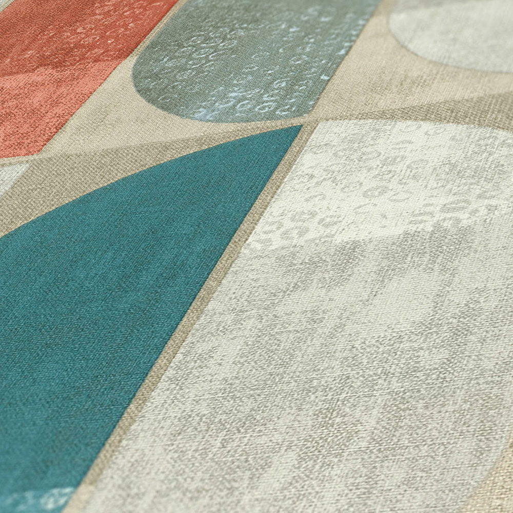             Tapete geometrisches Retro-Muster, Scandinavian Style - Beige, Rot, Blau
        