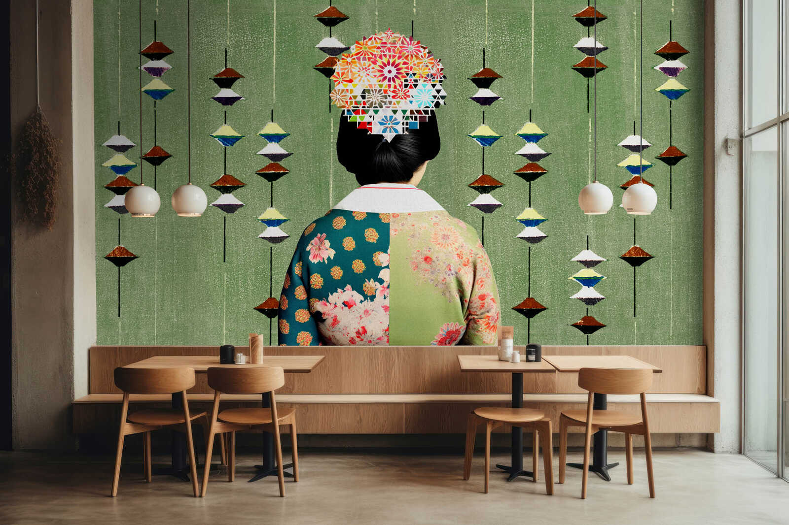 Kimono, Kimonodress, Geisha, Wandbemalung, Holzmöbel