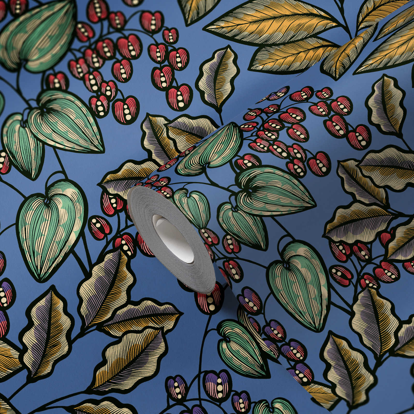 Florale Tapete Blau mit Blätter Design im Scandinavian Look