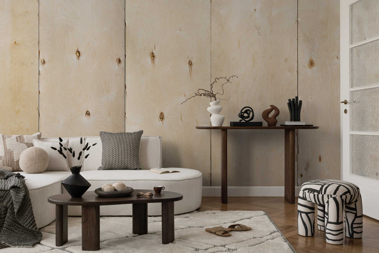 Wohnzimmer, Holzwand, Sofa, Deko, Teppich