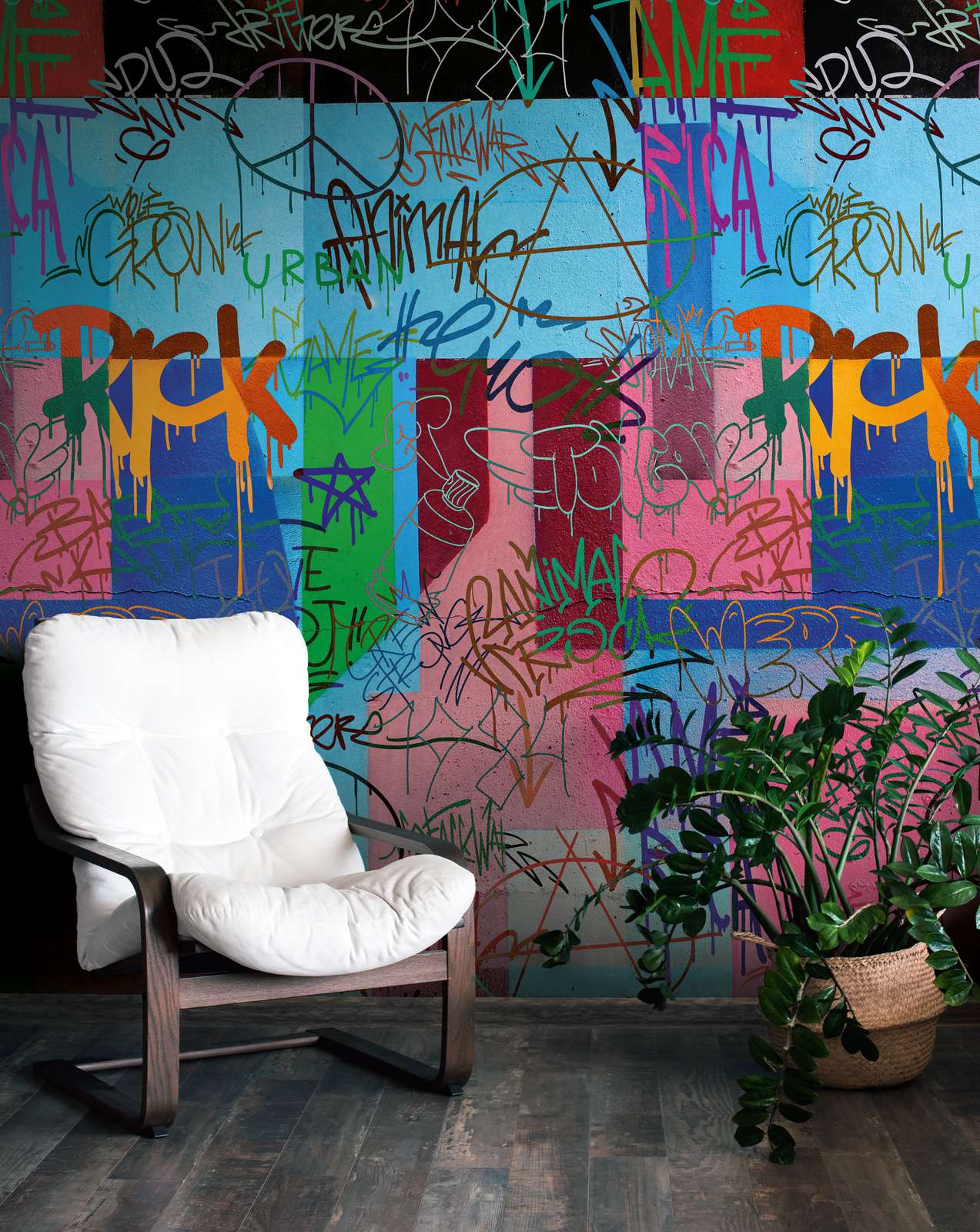 papier peint en papier intissé urbain avec motif graffiti coloré et une répétition de motifs à grande échelle - multicolore, bleu, rose