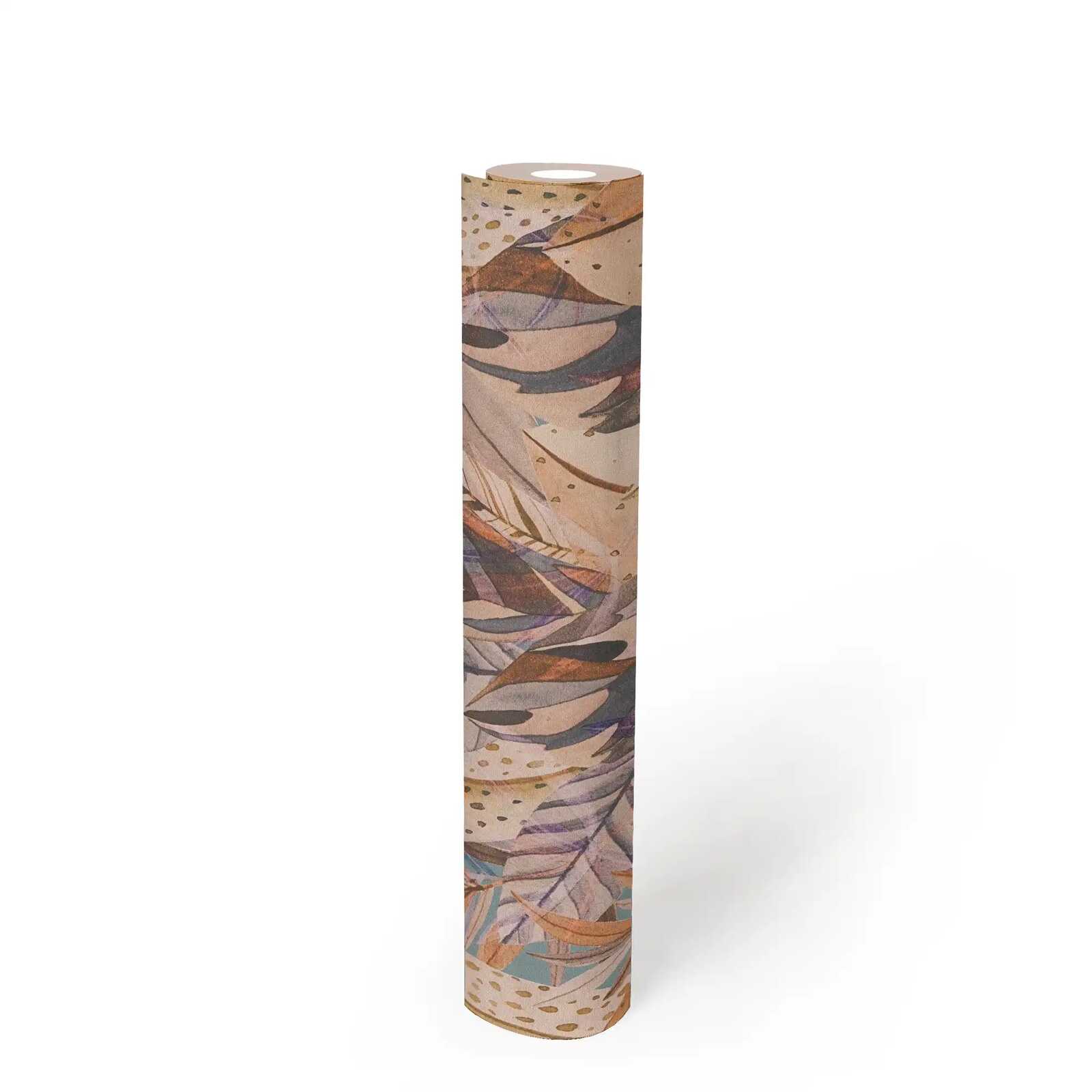             Tropisch inspirierte Vliestapete mit wildem Blätterdesign, feine Struktur – Bunt
        