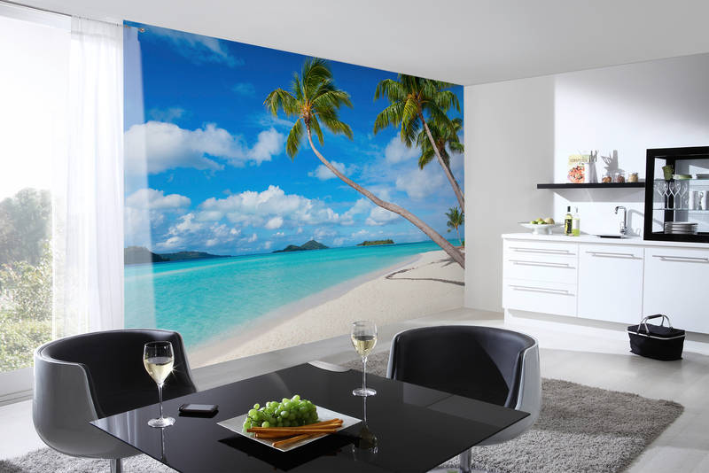 Strandbild, Tropische Palme, Sandstrand, Türkisblaues Meer, Sommerdekoration