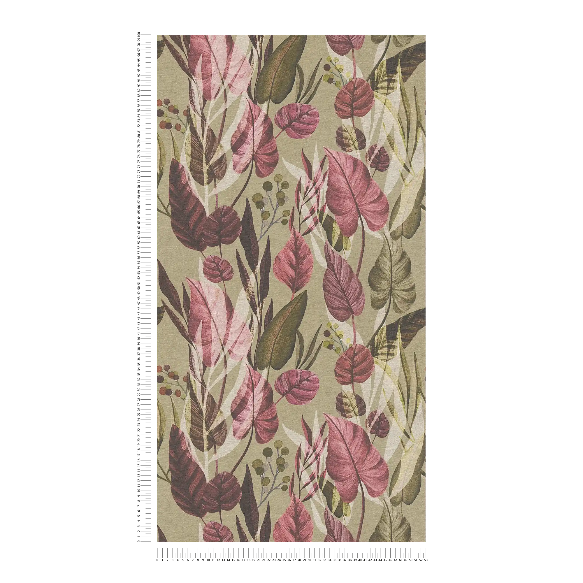             Stilvolle Vliestapete mit wildem Blättermotiv, feine Struktur – Braun, Pink
        