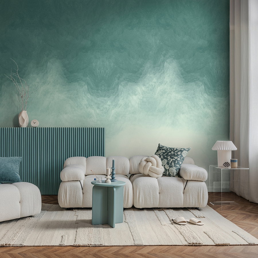 Wohnzimmer, Sofa, Teppich, Kamingeländer, Wandbild-Gradient