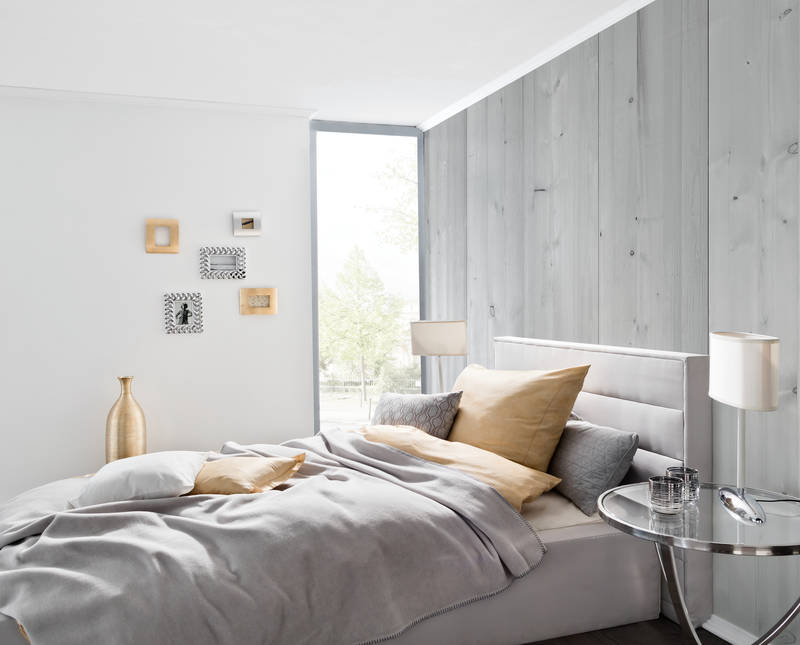 bett, bettwäsche, grau, kissen, nachtisch
