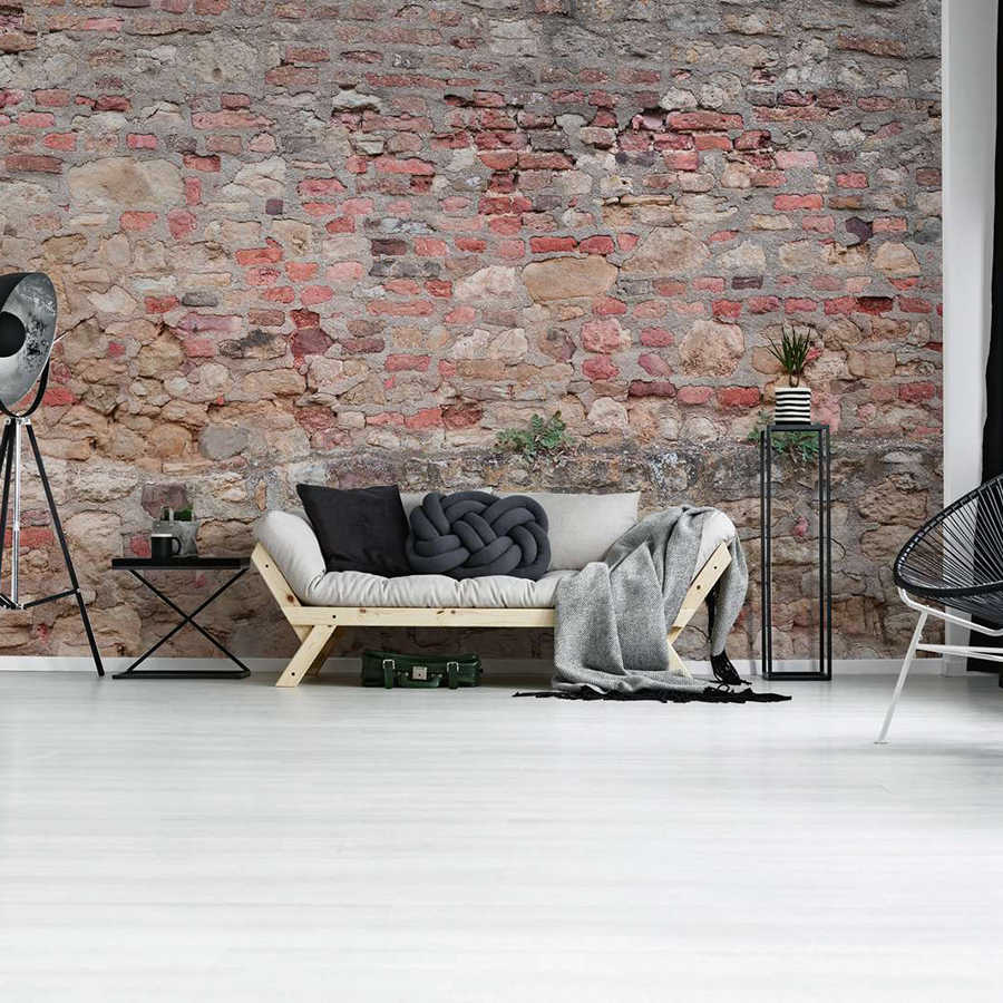 Wohnzimmer, Couch, Stoffkissen, Steinwand, Deko