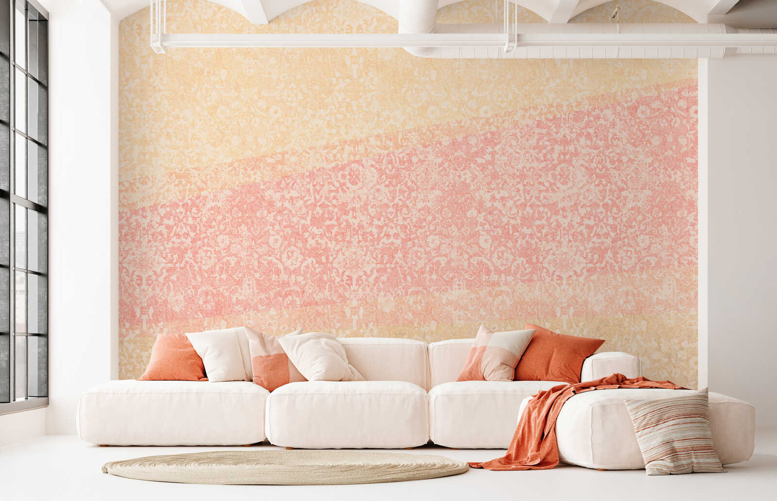 Wohnzimmer, Wandtapete, Blumenmuster, Pastellfarben, Sofa