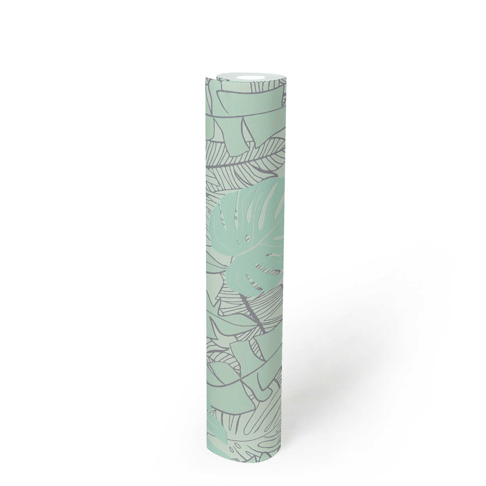 Pastel non-woven wallpaper with banana leaves &amp; glossy effect - mint, green, metallic