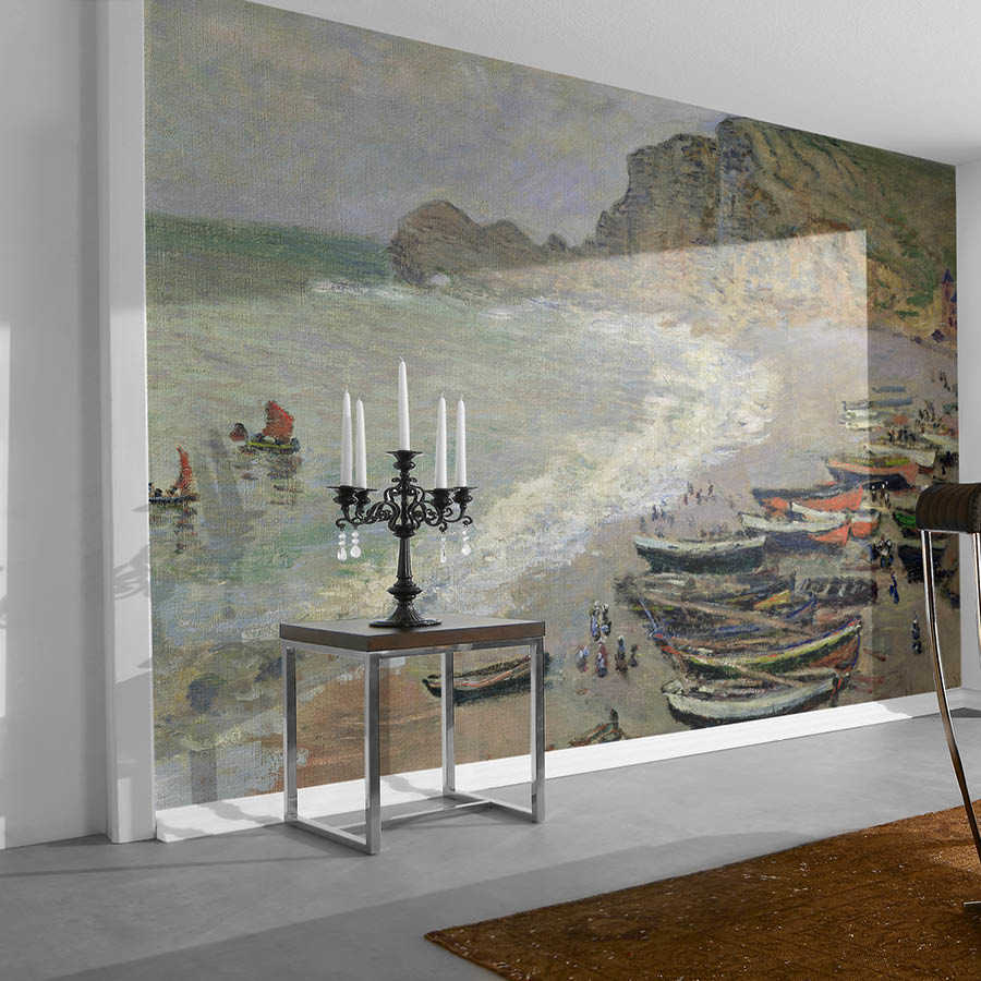 Beach scene mural, Harbor boats, Coastal painting, Candle holder, Wall mural
