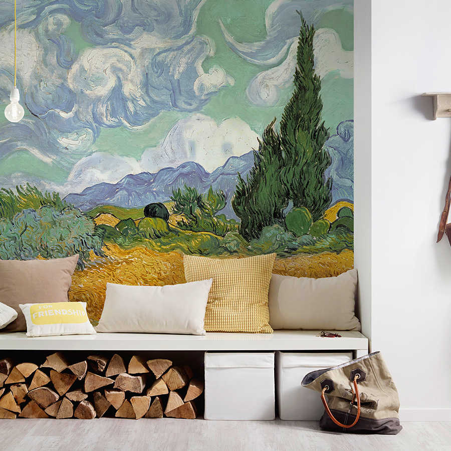 Wandbild, Landschaft, Zypressen, Bäume, Skulpturale Kunst
