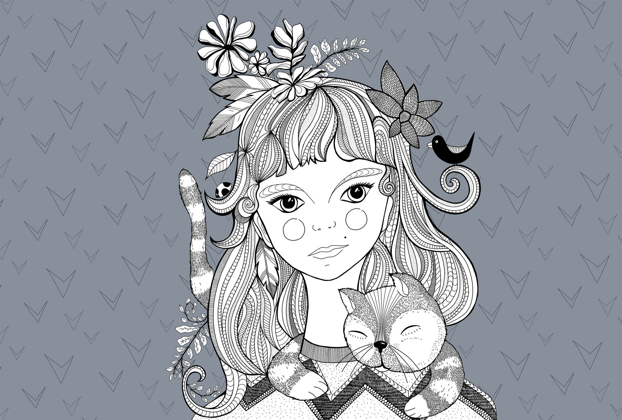             Line Art Fototapete Schwarz-Weiß Mädchen mit Katze
        