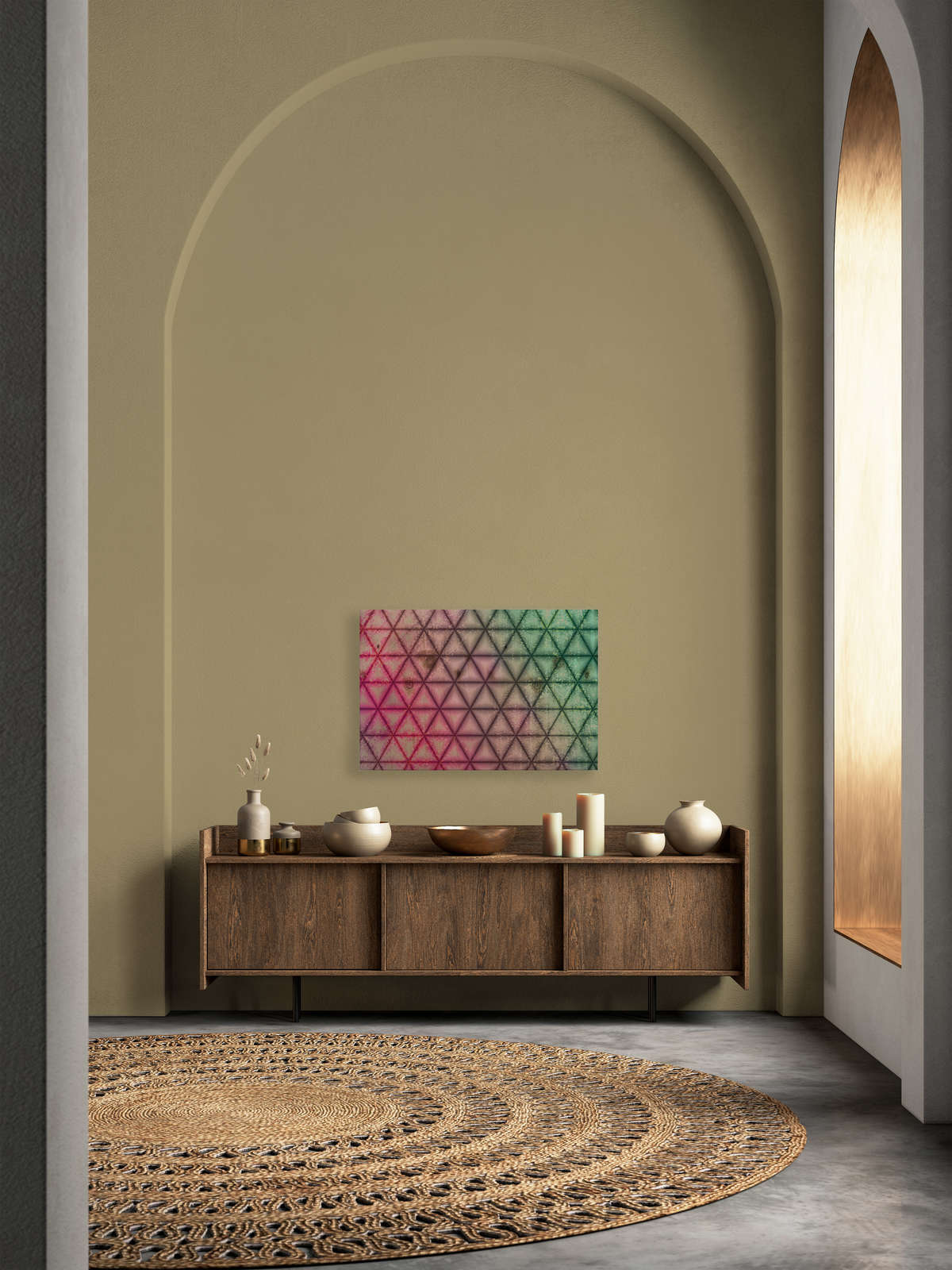             Leinwandbild geometrisches Dreiecks Muster in Holzoptik | grün, pink – 0,90 m x 0,60 m
        