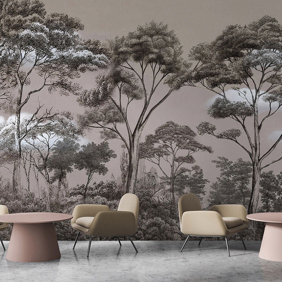         Fototapete »skye 1« - Regenwald vor Wolken –Sepia | Glattes, leicht glänzendes Premiumvlies
    