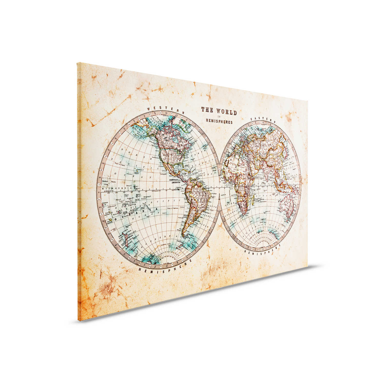        Toile avec carte du monde vintage en hémisphères | marron, beige, bleu - 0,90 m x 0,60 m
    