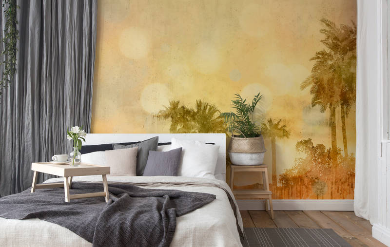 bett, bettzimmer, wandbild-tapete, pflanze, nachtisch-blick