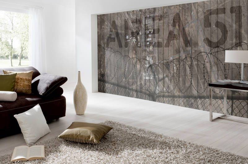             Betonoptik Fototapete – Vliestapete im Used-Design mit AREA 51 Motiv – Grau, Braun
        