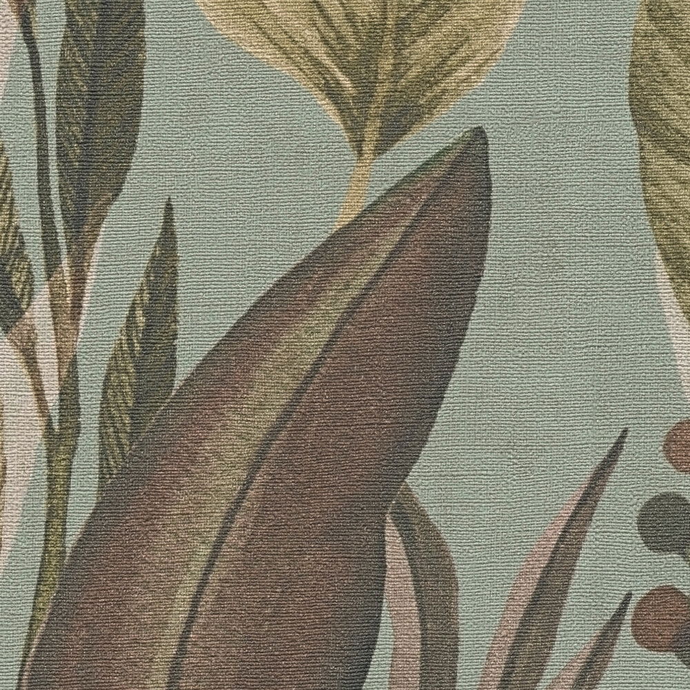             Lebendige Vliestapete mit exotischem Tropenblättermuster und leichter Oberflächenstruktur – Bunt
        