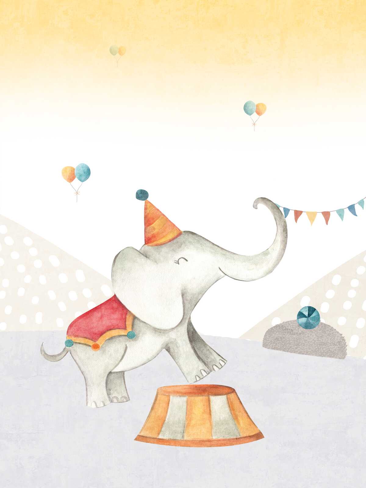             Leinwandbild Zirkuselefant - Verspieltes Kinderzimmer-Dekor mit Elefanten-Motiv – 30 x 40 cm - Bunt, Beige
        