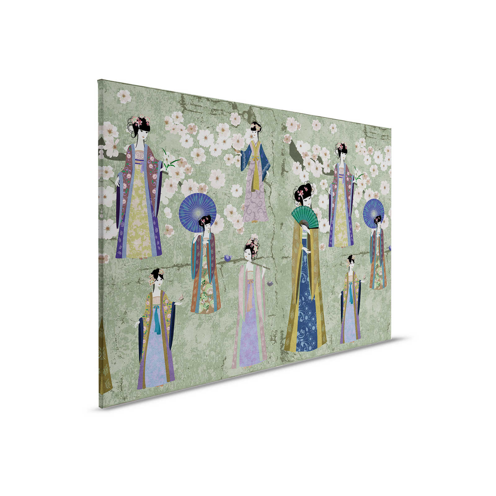         Canvas schilderij Japan Comic met kersenbloesems | groen, blauw - 0,90 m x 0,60 m
    