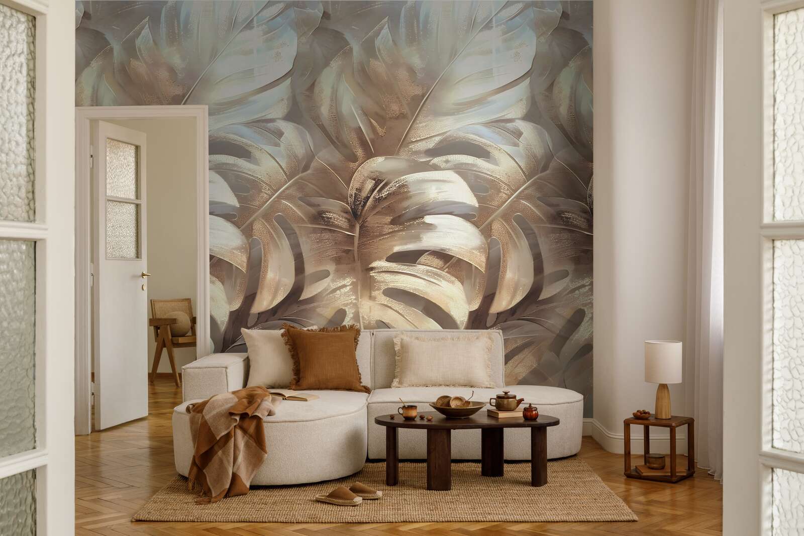 Wohnzimmer, Wandtapete, Möbelsofa, Beistelltisch, Teppich
