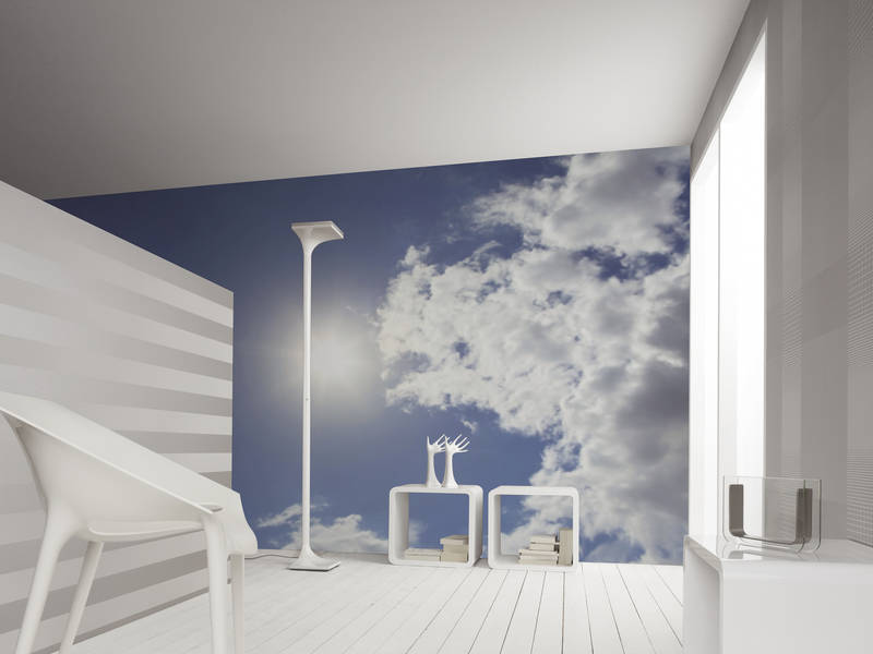 Raumdekor, Wandbild, Wolkenhimmel, Standlampe, moderne Regale