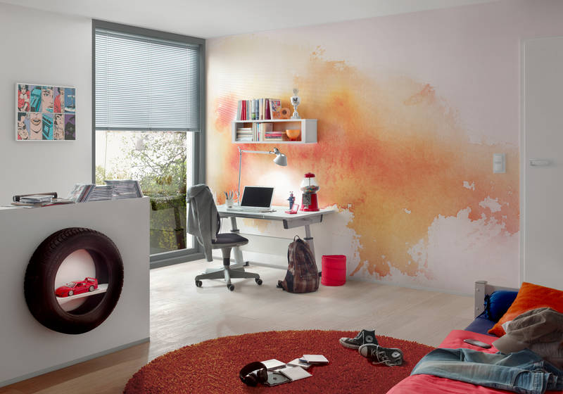 Kinderzimmer, Schreibtisch, Wandgestaltung, Roter Teppich, Laptop