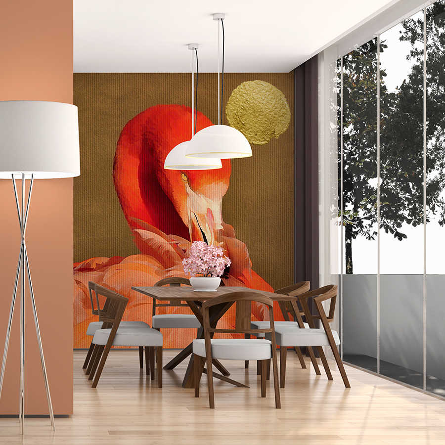 Esstisch, Holztisch, Stühle, Wandtapete, Blumen