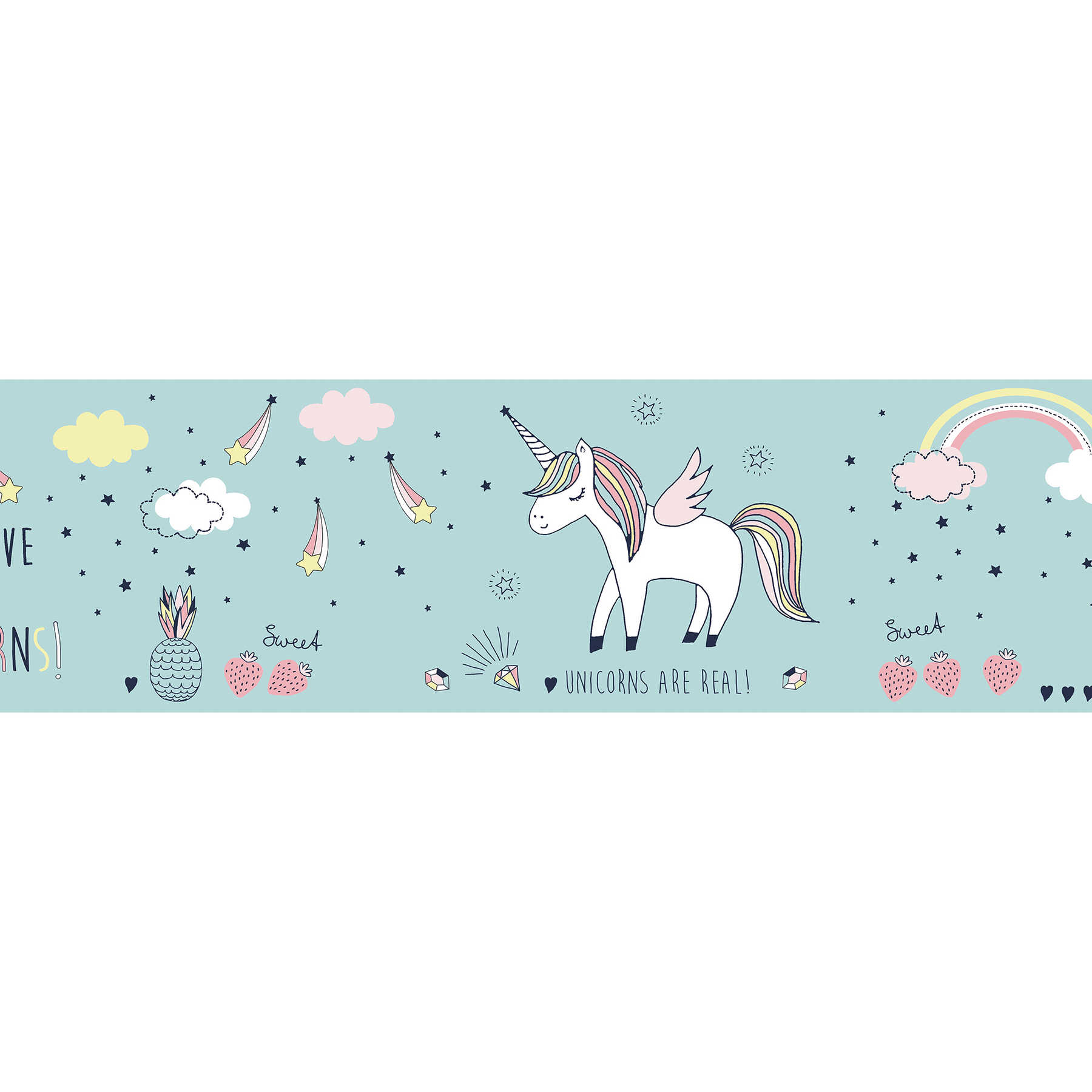         Eenhoorn Border voor meisjeskamer "Eenhoorns zijn echt" - Blauw, Roze, Wit
    