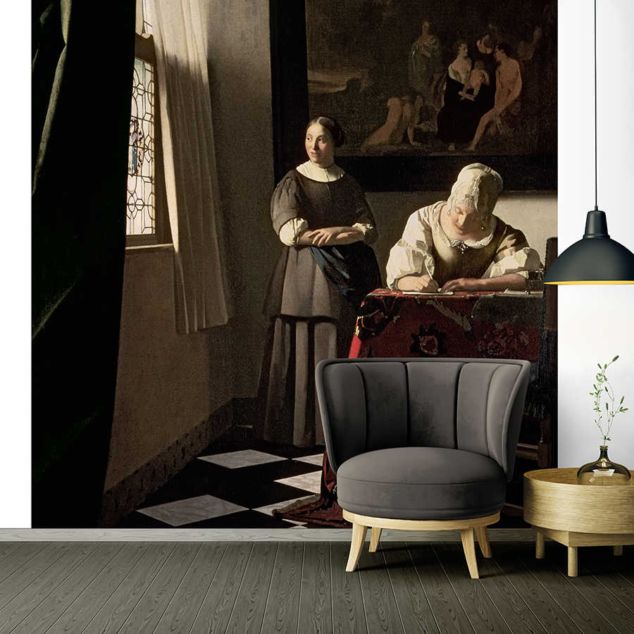 innenraum-wandbild, wandmural, dunkle-kunst-raum, klassische-malerei, schachbrett-boden