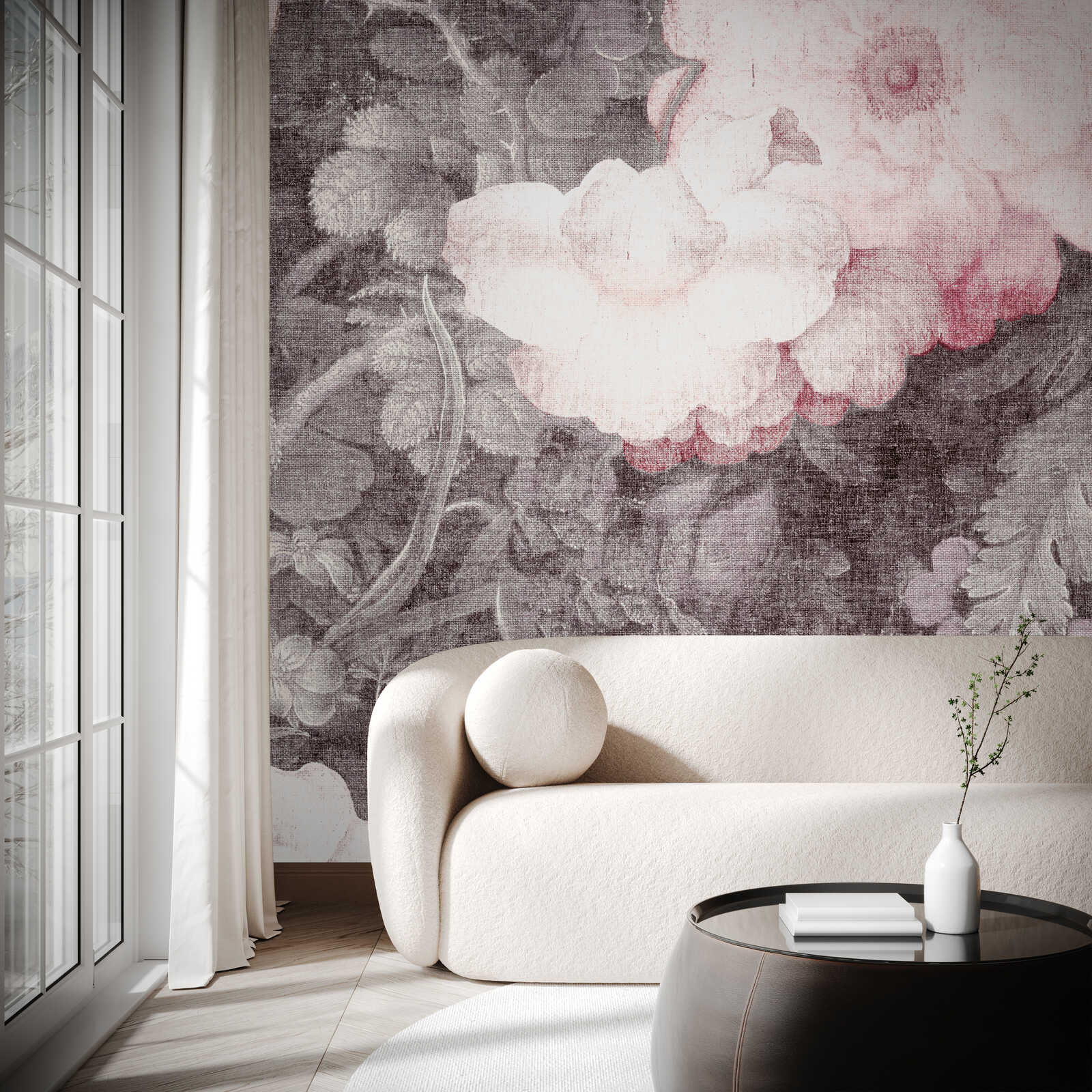 wohnzimmerwand, tapete, blumenmuster, pastellrosa, sonnenlichtfenster