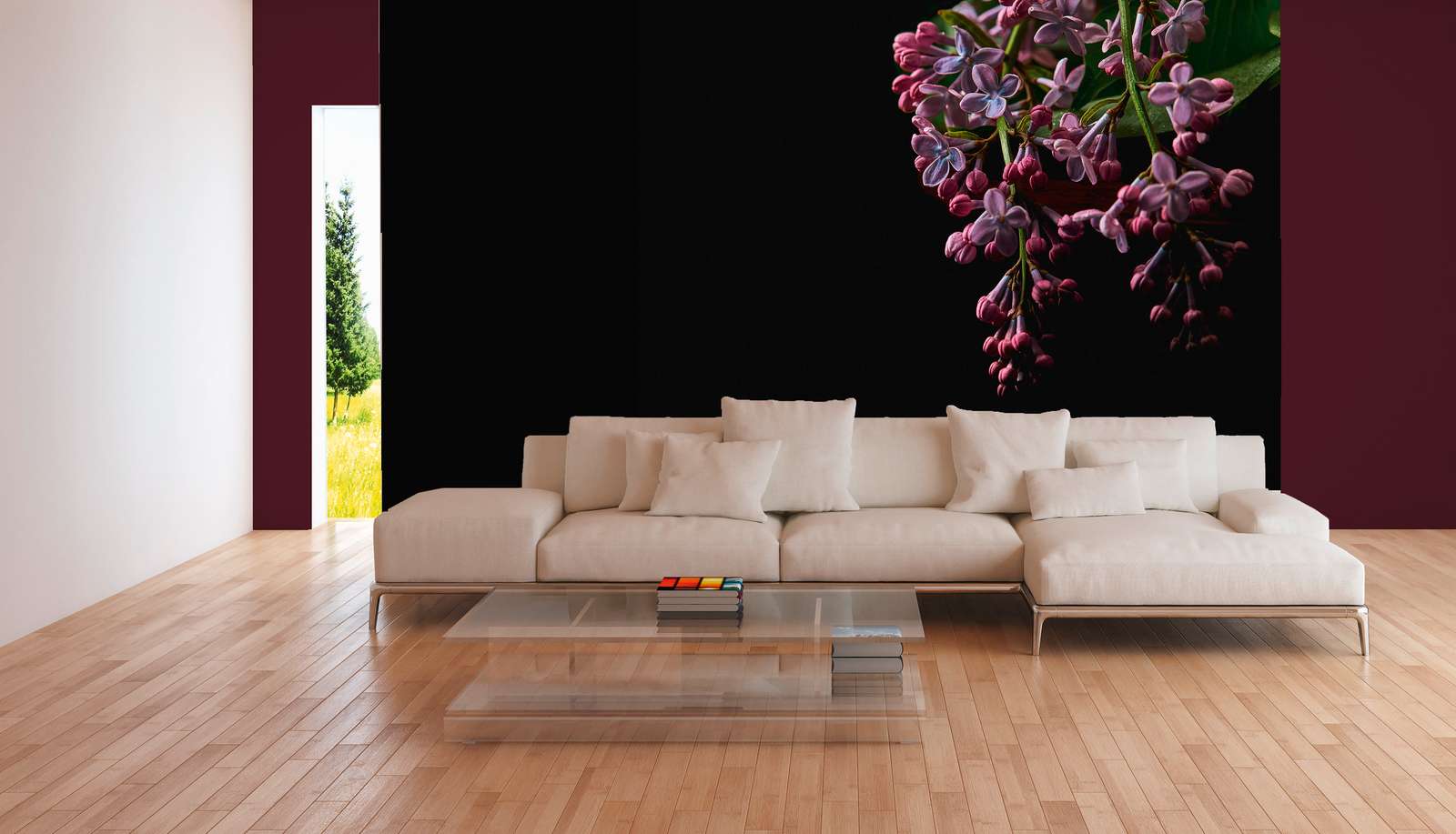 Sofa, Wohnzimmer, Beige Polster, Couchtisch Glas, Wandtapete Blumen