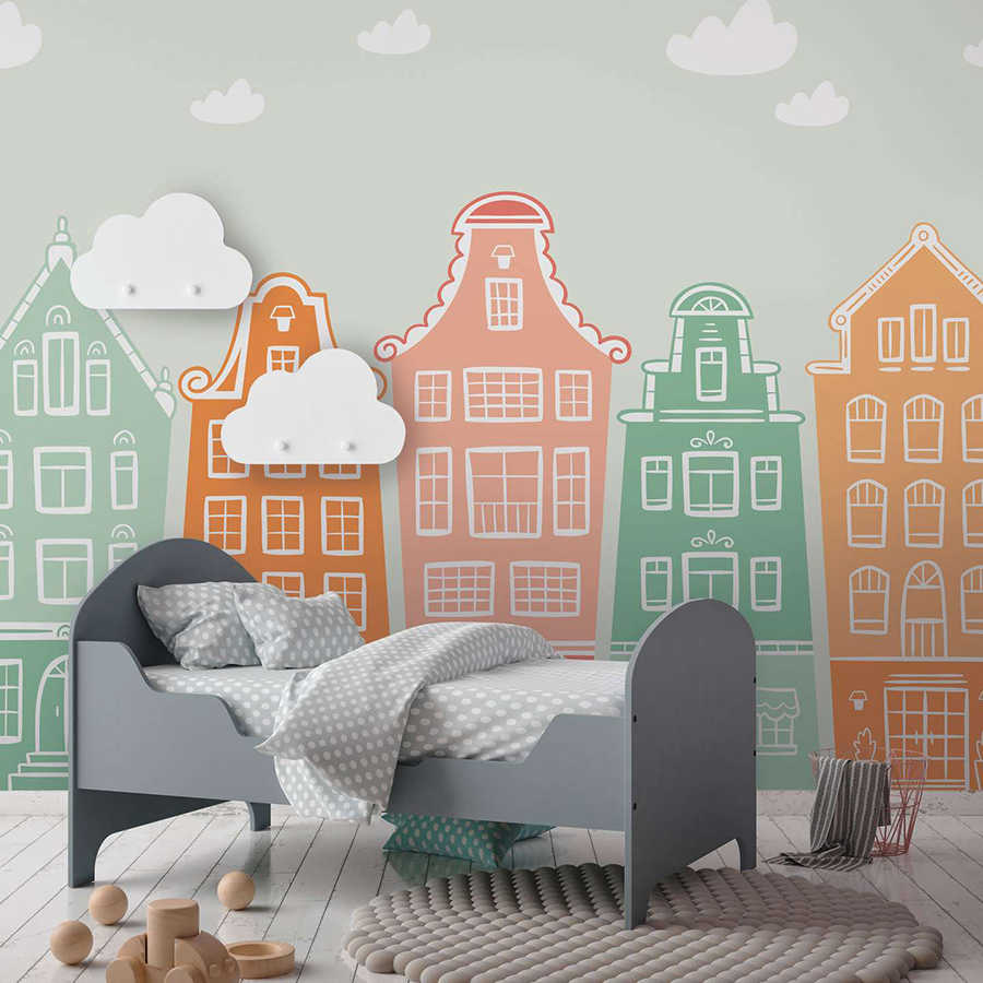 Kindbett, Kinderzimmer, Wandtattoo, Wolken, Stadtmotiv
