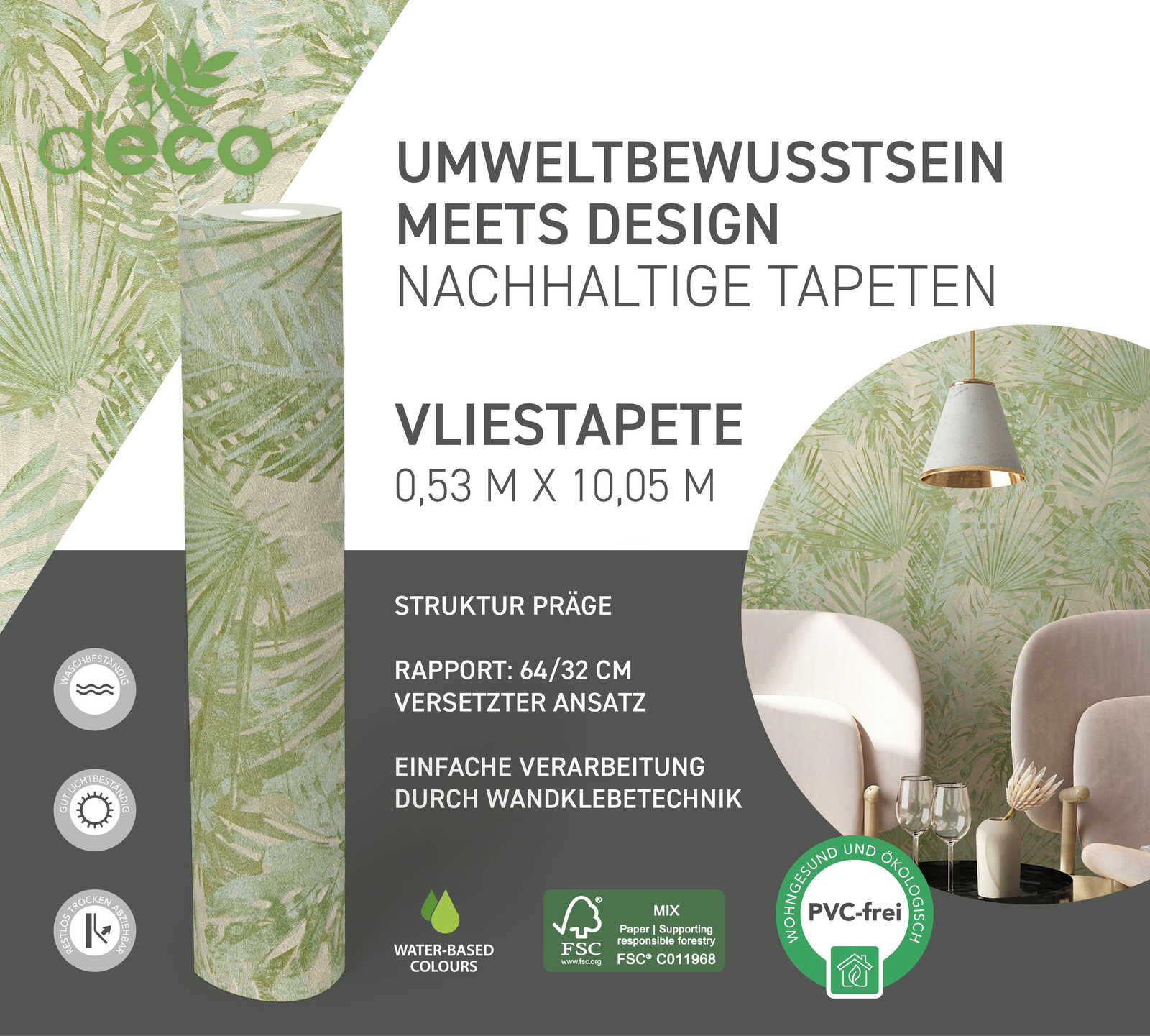             Vliesbehang met jungle bladeren PVC-vrij - groen, beige
        