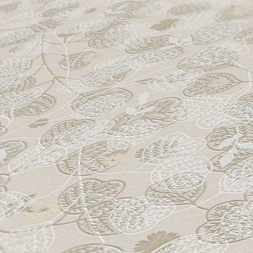Vliestapete mit floralem Blüten- &amp; Blättermuster – Beige, Weiß