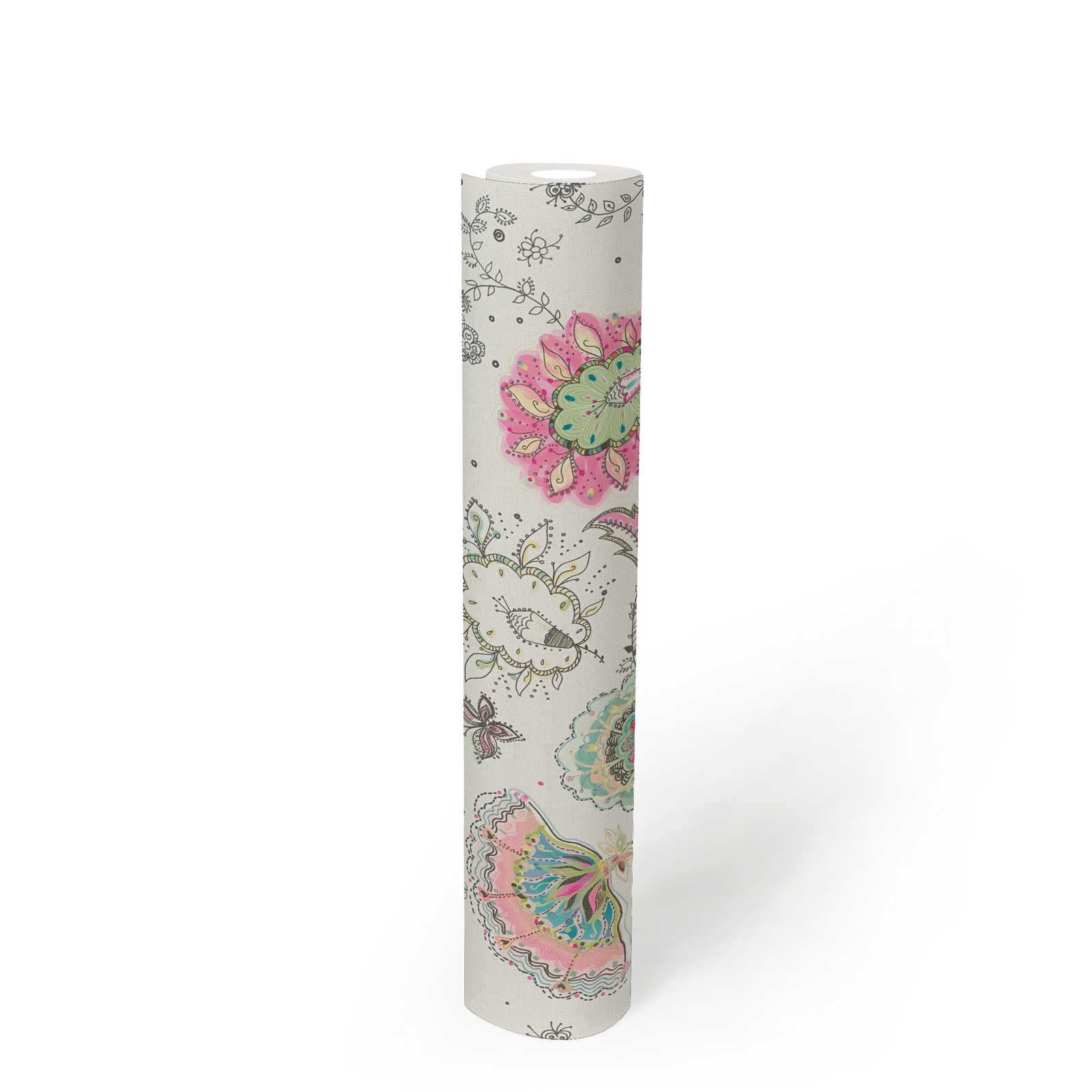 Floral pattern wallpaper in bold colours - cream, green, pink