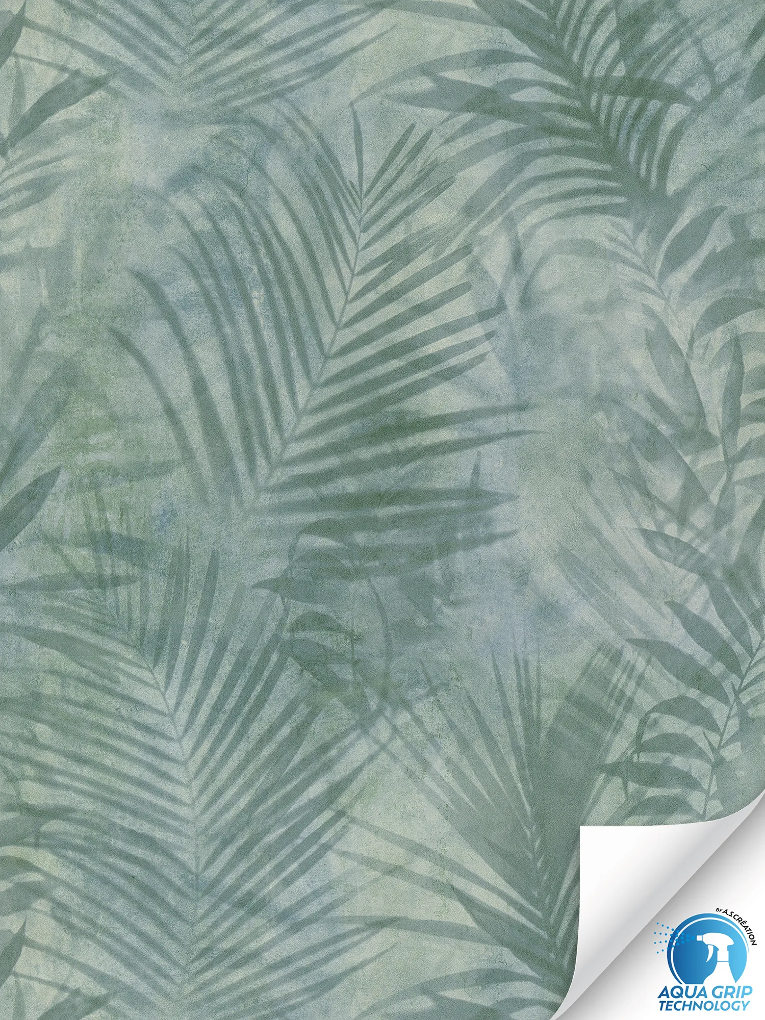 Botanische Vliestapete mit großen Blättern und leichtem Textil-Effekt, fein strukturiert – Water. Fix. Ready. – Grün, Blau, Grau