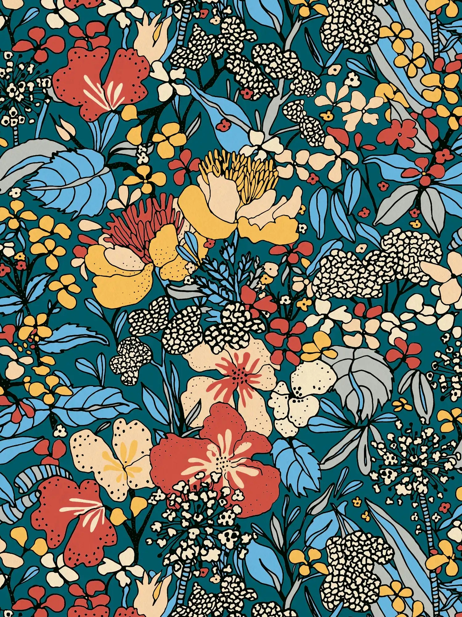         Vliestapete 70er Retro Blumendesign – Bunt, Blau, Orange
    