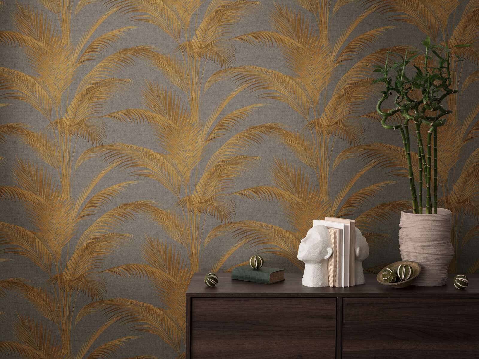 MICHALSKY Vliestapete mit Palmenblättern und goldenen Akzenten – Grau, Gold, Metallic