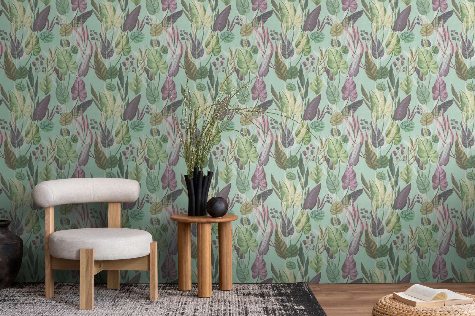             Leuchtende Vliestapete im exotischen Stil mit Blätterdesign und leichter Struktur – Bunt
        