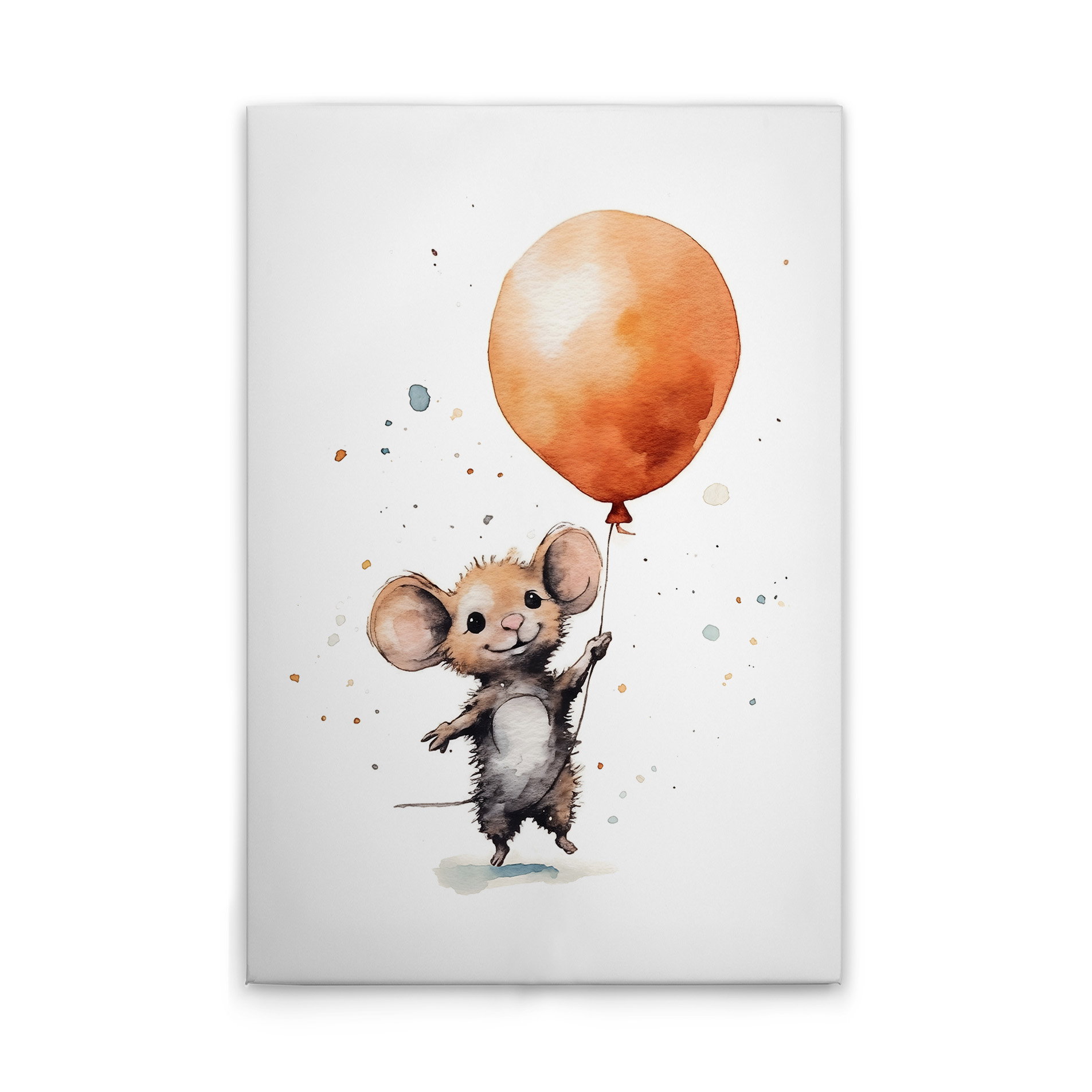 Maus und orangener Ballon - Verspieltes Leinwandbild für Kinderzimmer – 30 x 45 cm - Weiss, Braun