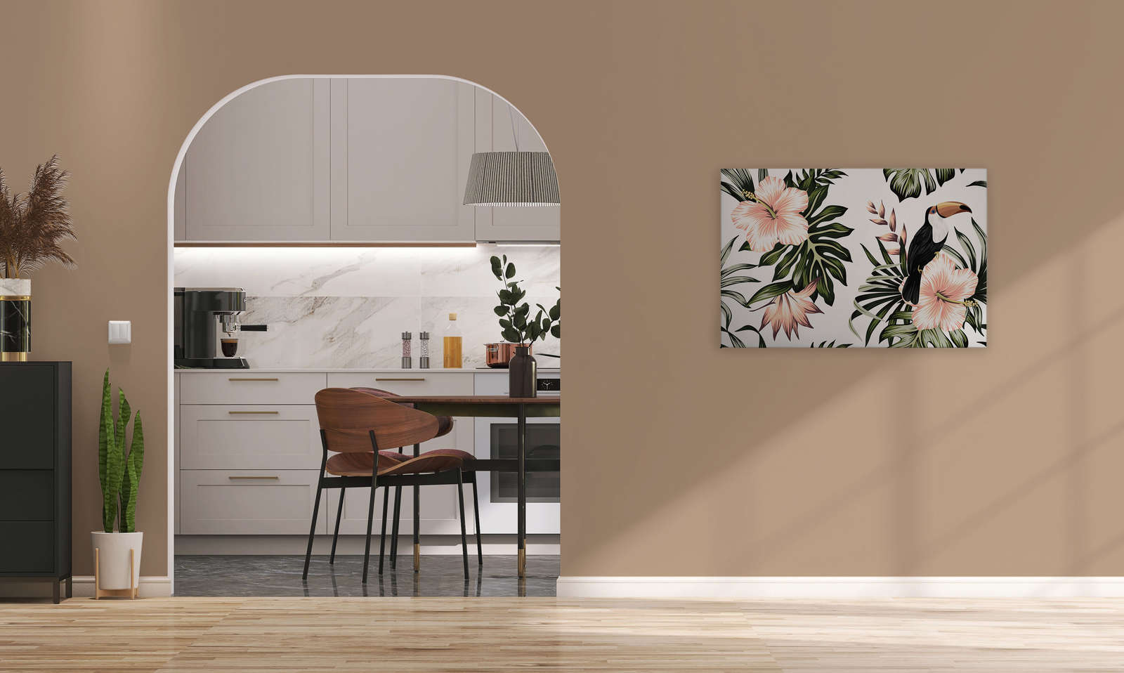             Leinwand mit Dschungelpflanzen und Pelikan | Weiß, Rosa, Grün – 0,90 m x 0,60 m
        