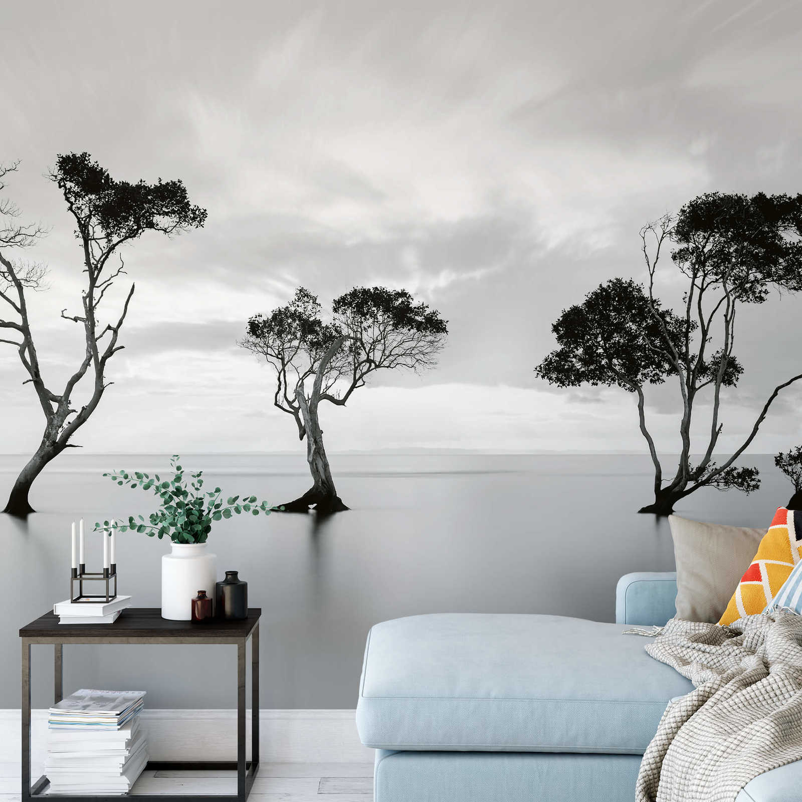             Fototapete Bäume im Wasser – Weiß, Schwarz, Grau
        