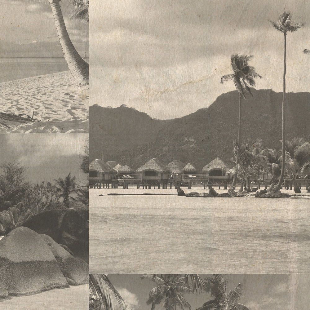 Strandbild, Palmen, Hütten am Strand, Küste, Gelegenheit collage