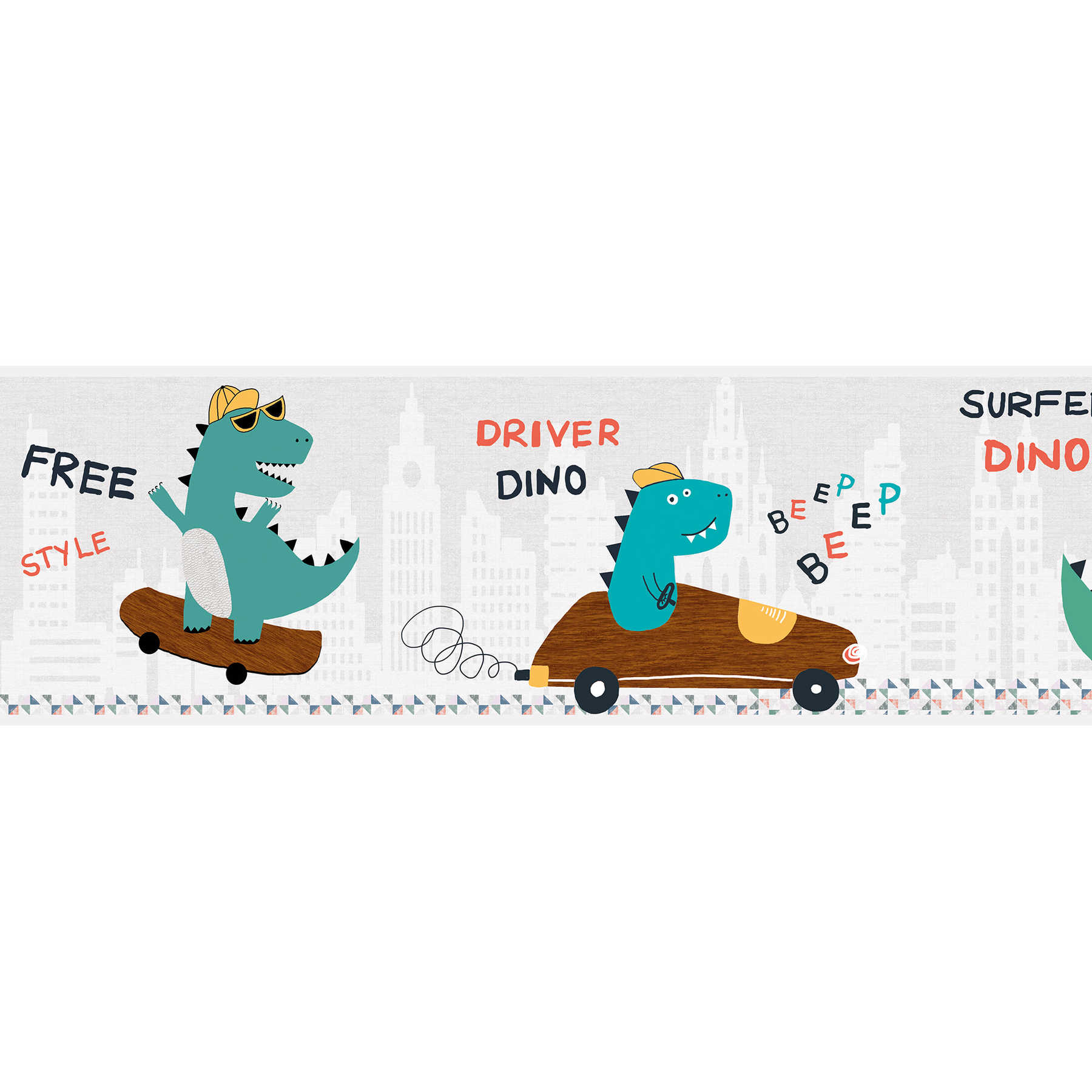         Boys wallpaper "Dinos in Action" - self-adhesive border - blue, green, brown
    