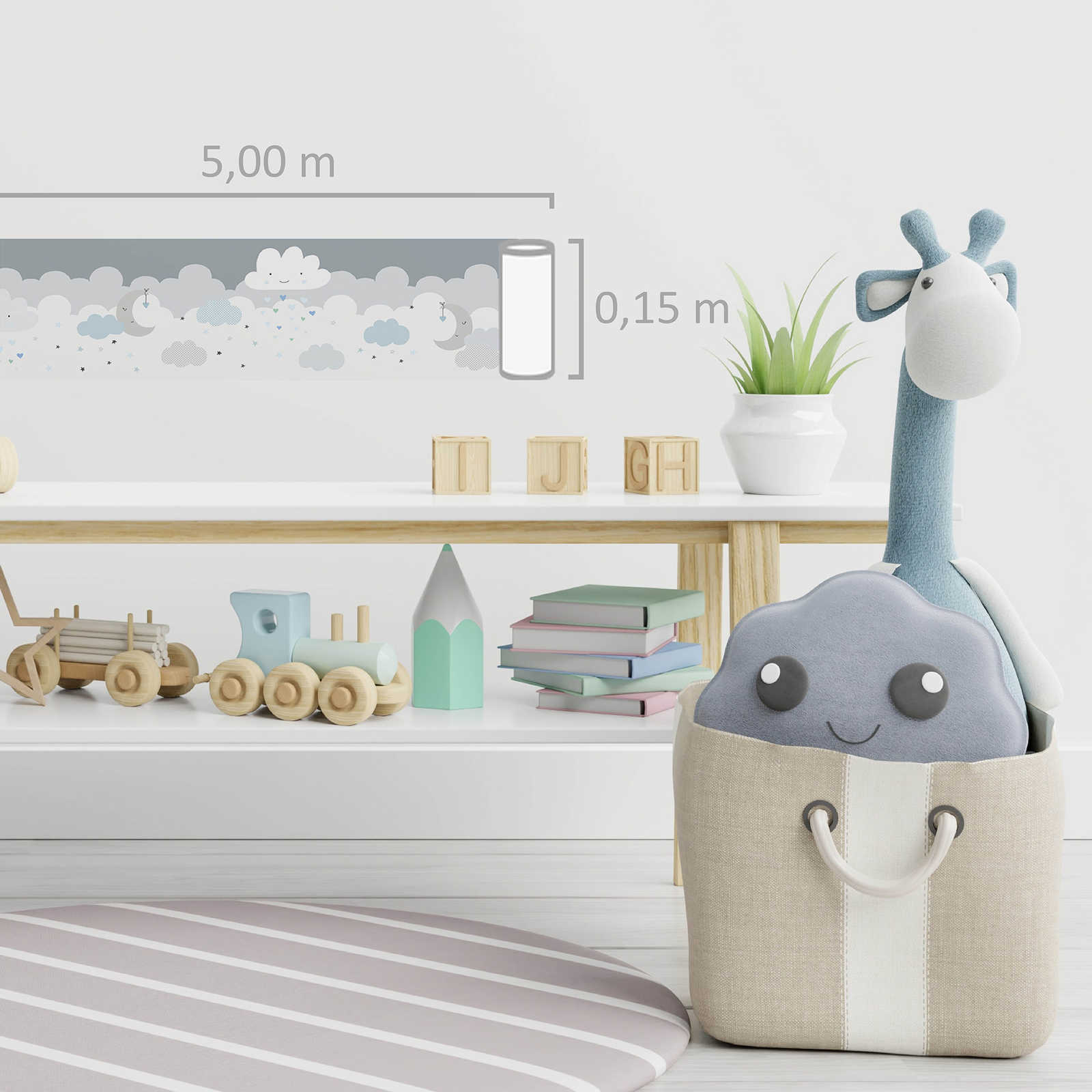             Selbstklebende Babyzimmer Bordüre 'Blaue Zuckerwolken' – Blau, Grau, Weiß
        