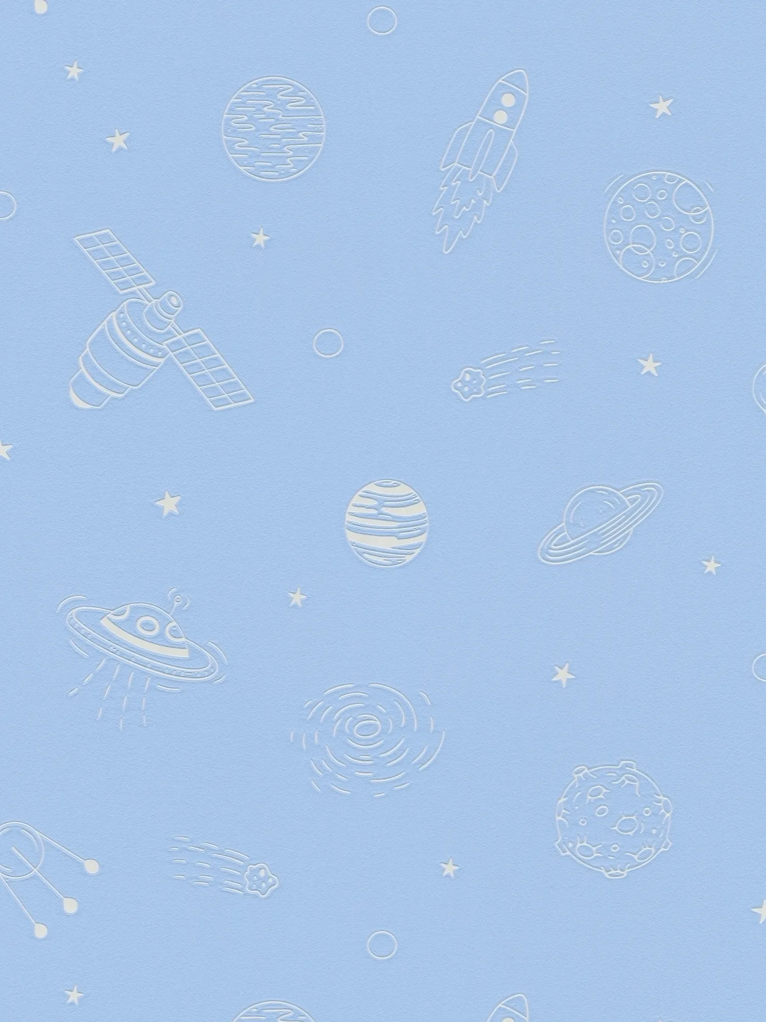 Vliestapete Kinderzimmer Weltraum mit Raketen, Planeten, Sternen und Satelliten - leicht glänzend – Blau, Weiß