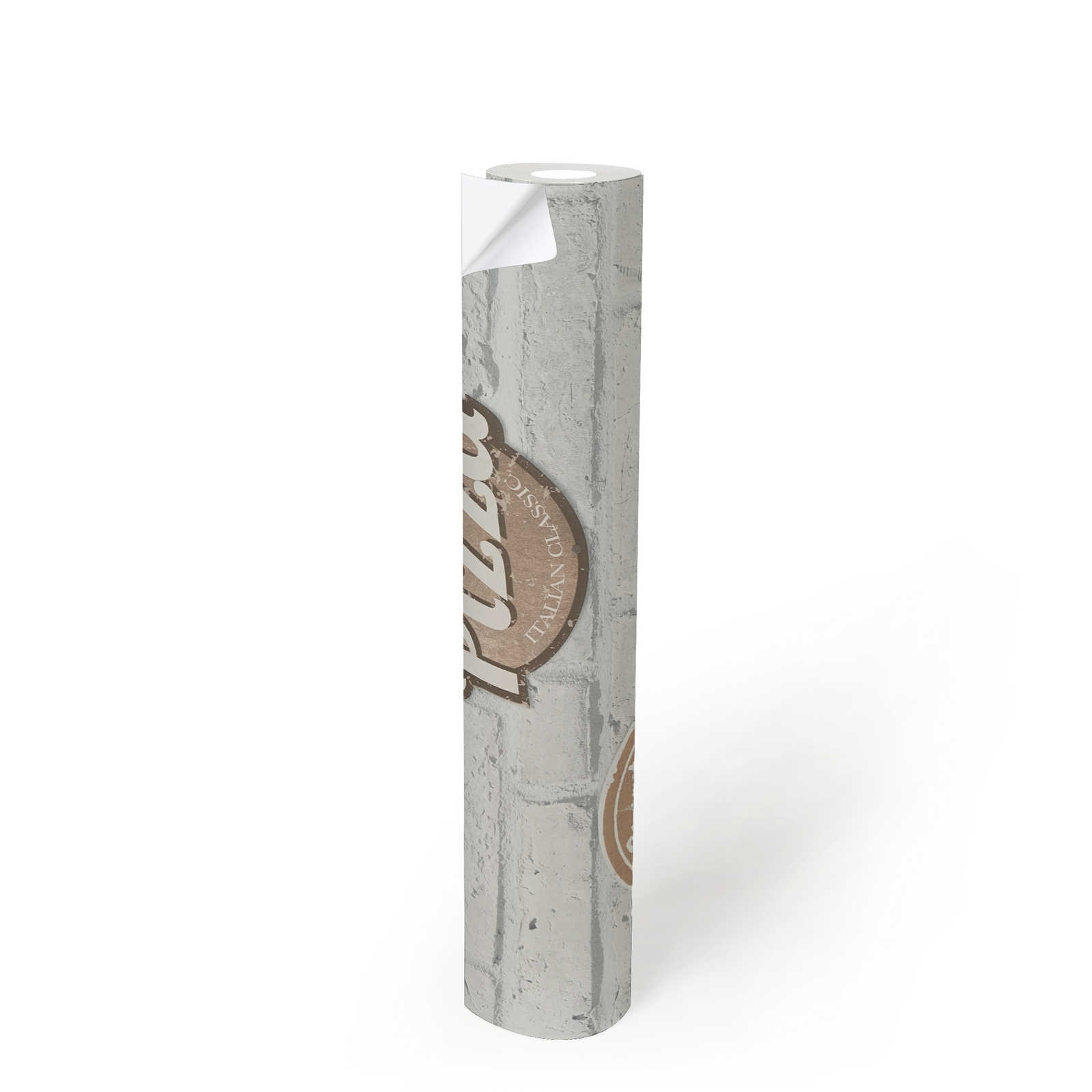             Selbstklebende Tapete | Weiße Ziegelmauer mit Reklameschildern
        